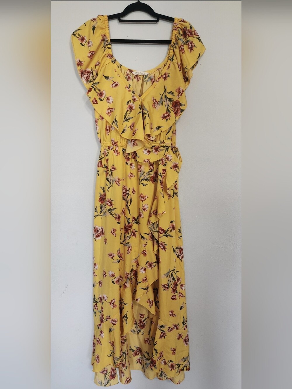 Indulge Yellow Floral Asymmetrical Wrap Maxi Dress 1X Boho